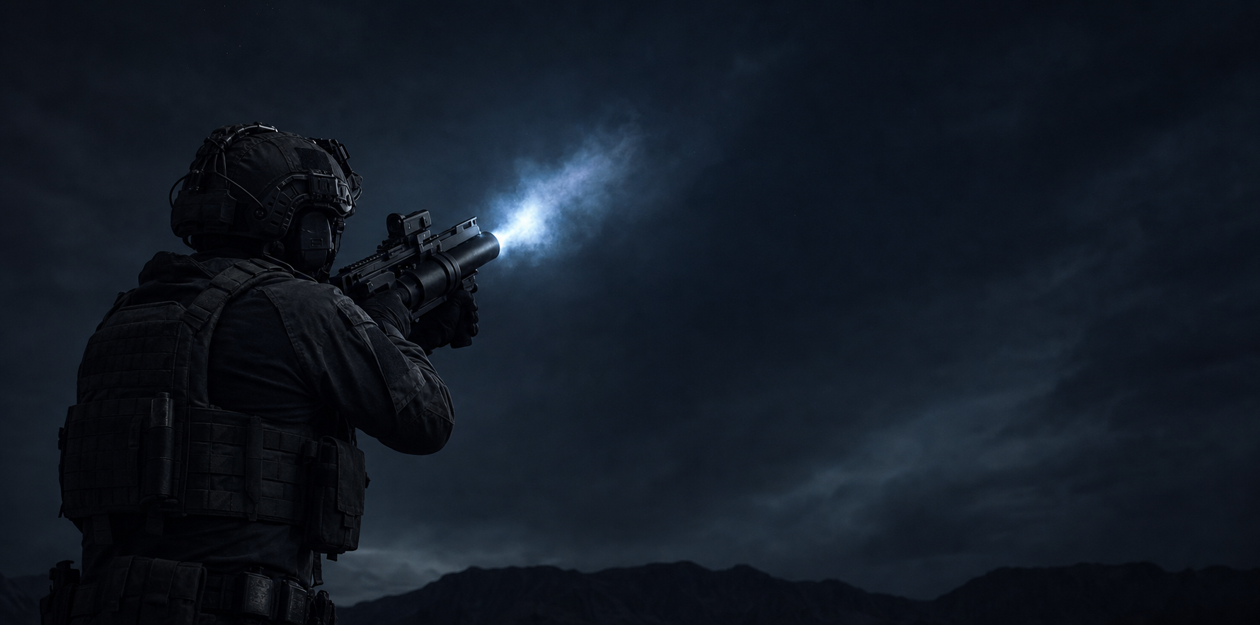 Operator firing 40mm HPM round skyward at incoming UAS threat